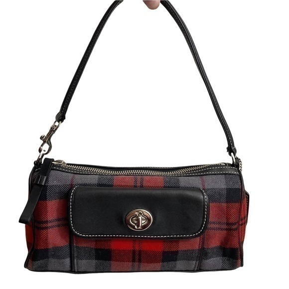 Coach red gray black plaid mini bag leather and possibly wool